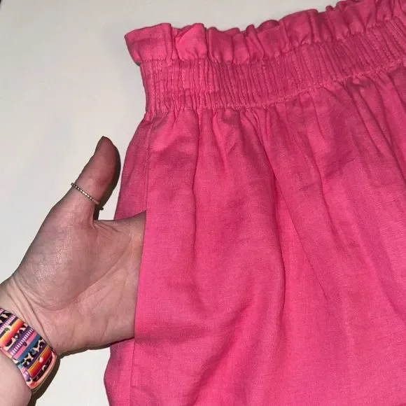 J. Crew 00 Hot Pink Linen Paper Bag Style Elastic Cinched Waist w/ Pockets Skirt - Picture 6 of 8